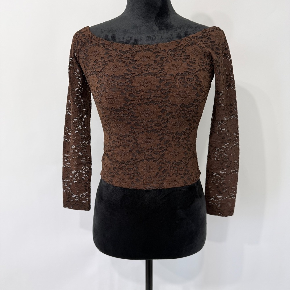 Qinsen Floral Lace Top Size XS Chocolate Brown Cropped Fitted Fairy Grunge Indie